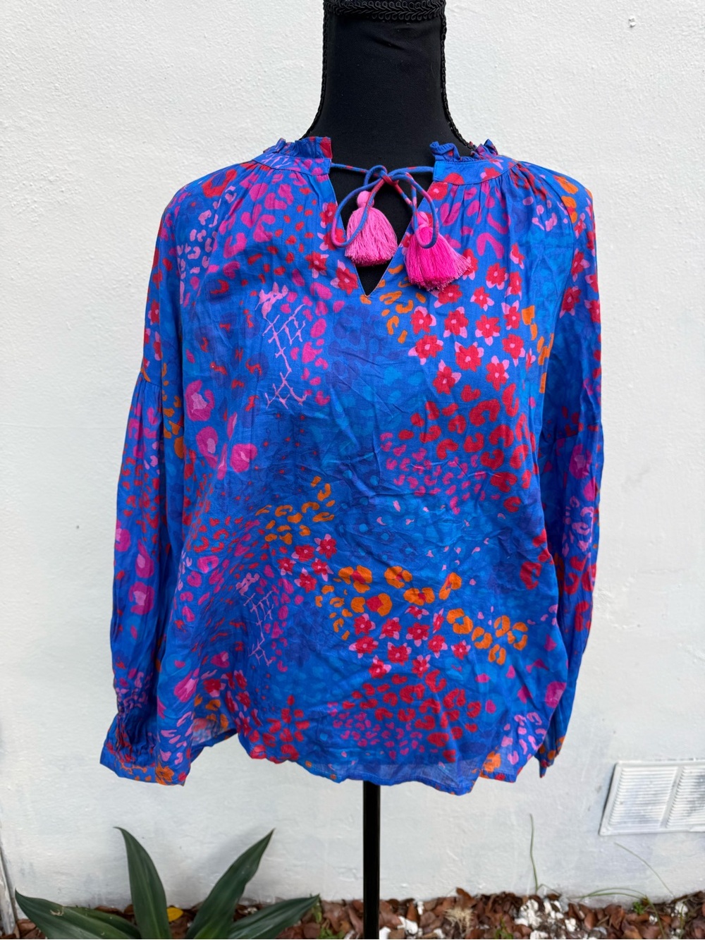 Mud Pie Blue Floral Tie-Neck Blouse with Pink Tassels
